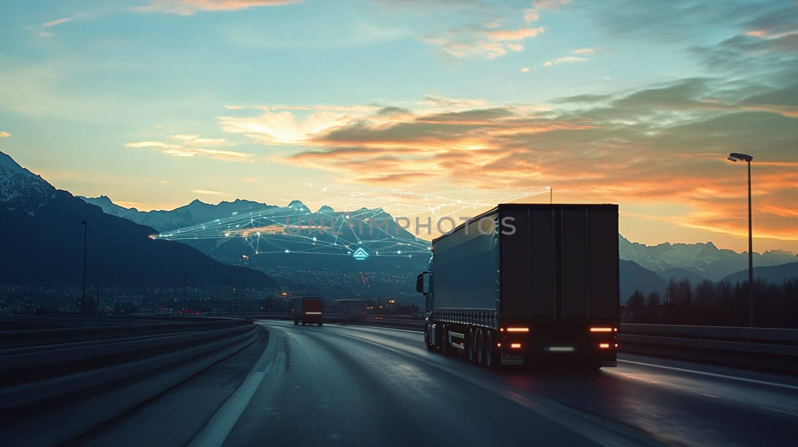 White semi trailer truck speeds along a countryside road at sunset, showcasing the future of transportation and logistics with network connectivity