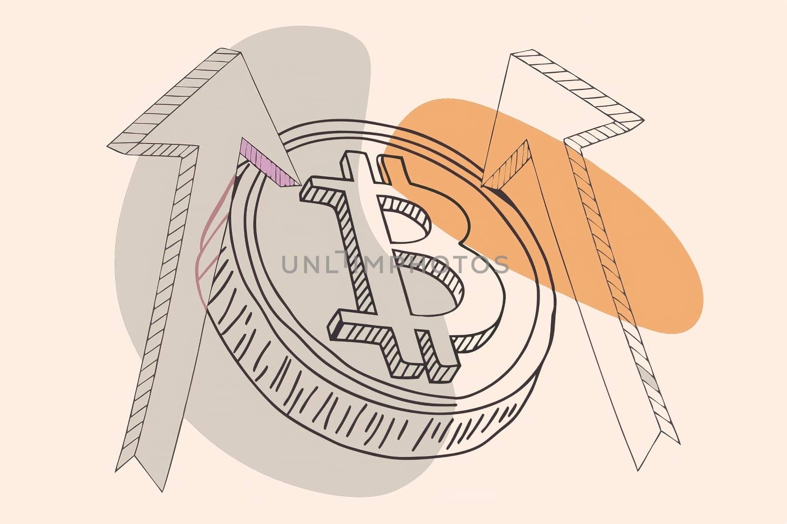 Bitcoin on the Rise.A Bitcoin symbol with two red arrows pointing upwards, suggesting an upward trend in the value of Bitcoin.