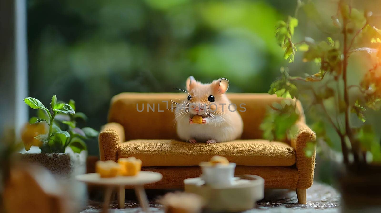 A cute hamster enjoying a snack on a cozy miniature couch.