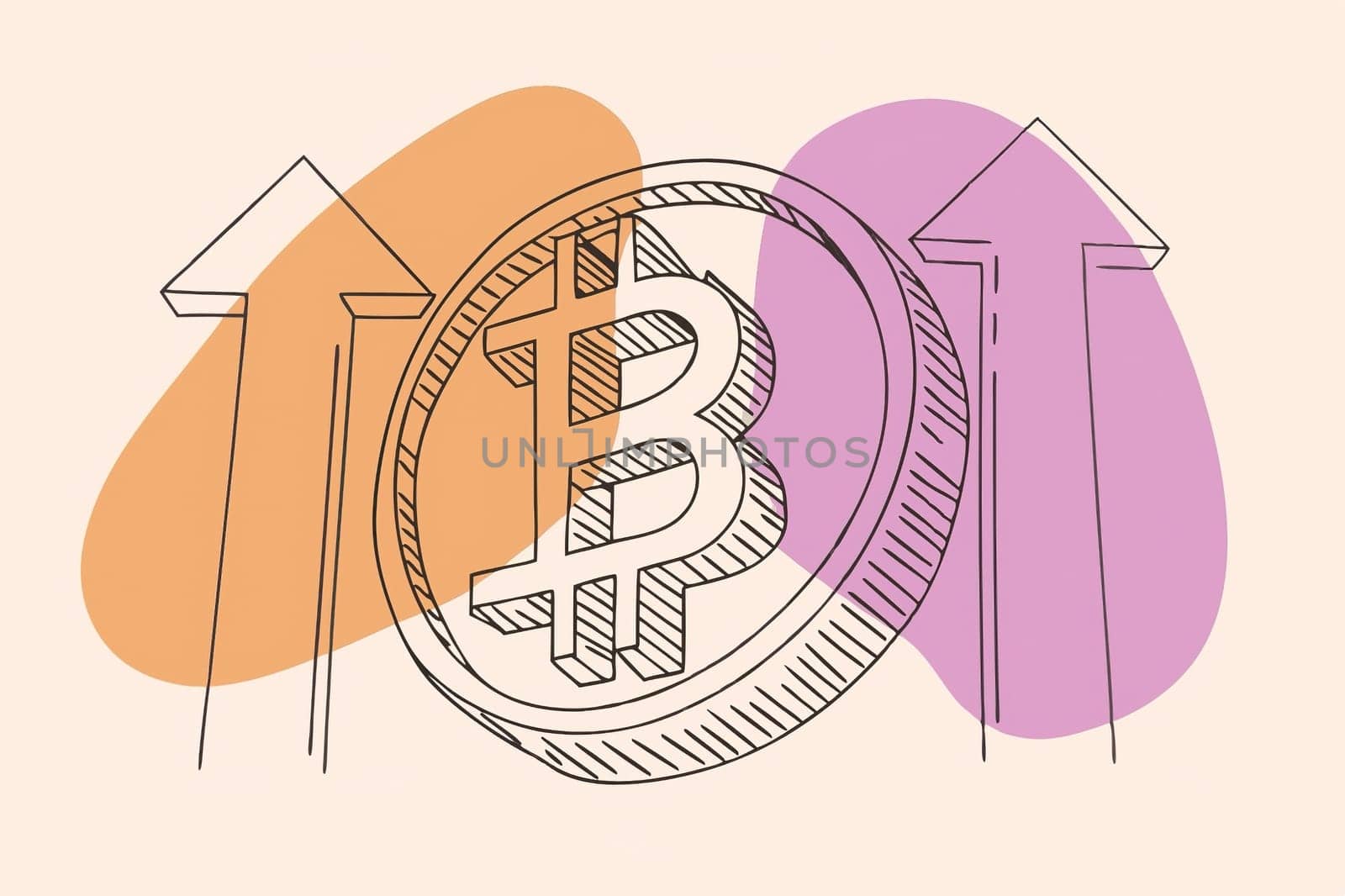 Bitcoin on the Rise.A Bitcoin symbol with two red arrows pointing upwards, suggesting an upward trend in the value of Bitcoin.