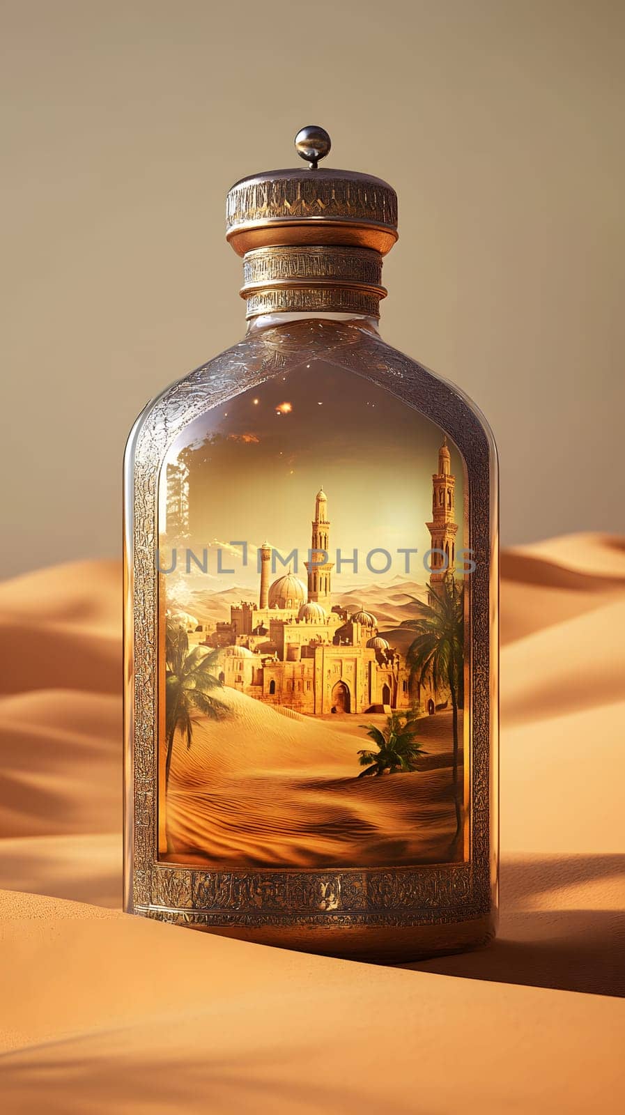 A decorative bottle containing a miniature desert scene with architecture.