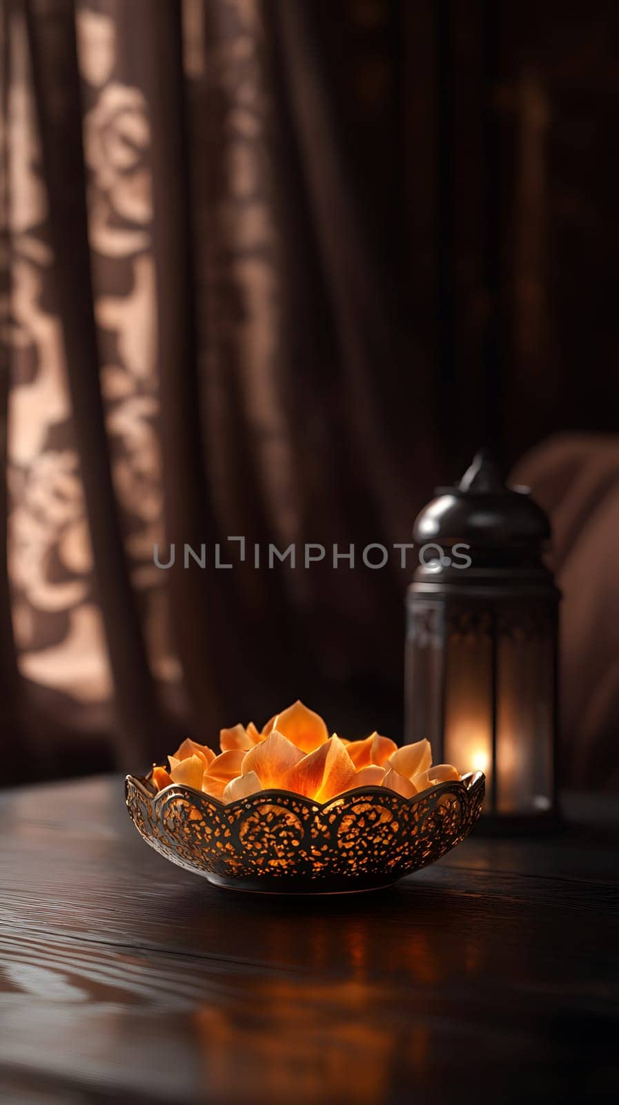 A decorative bowl of candles beside a lantern in a cozy setting.