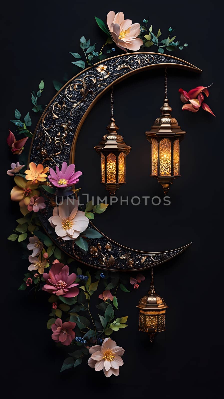 Ornate gazebo illuminated at night casting colorful patterns