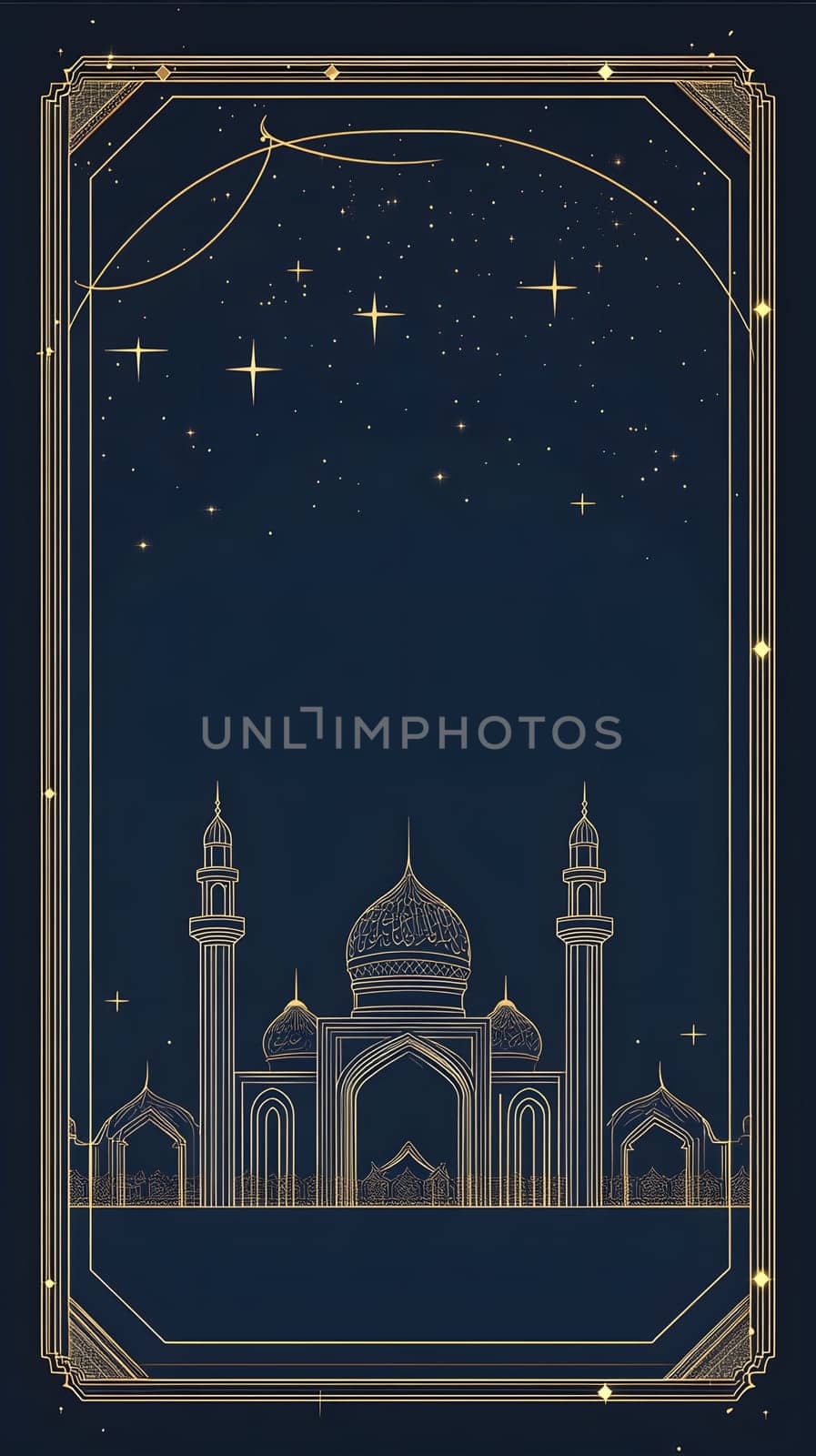 A decorative illustration of a mosque against a starry night sky.