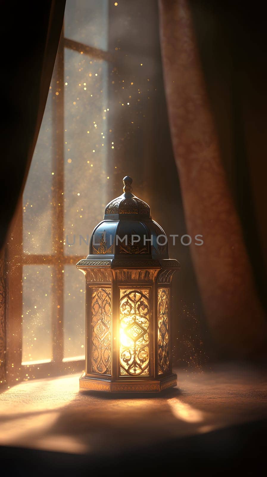 A decorative lantern emitting warm light by a window with soft dust.