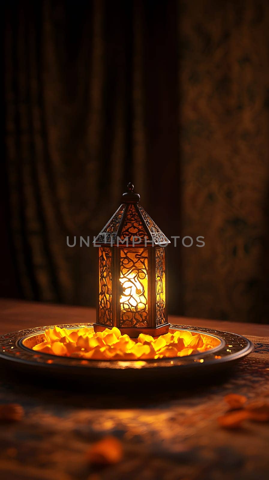 A decorative lantern surrounded by vibrant orange petals.