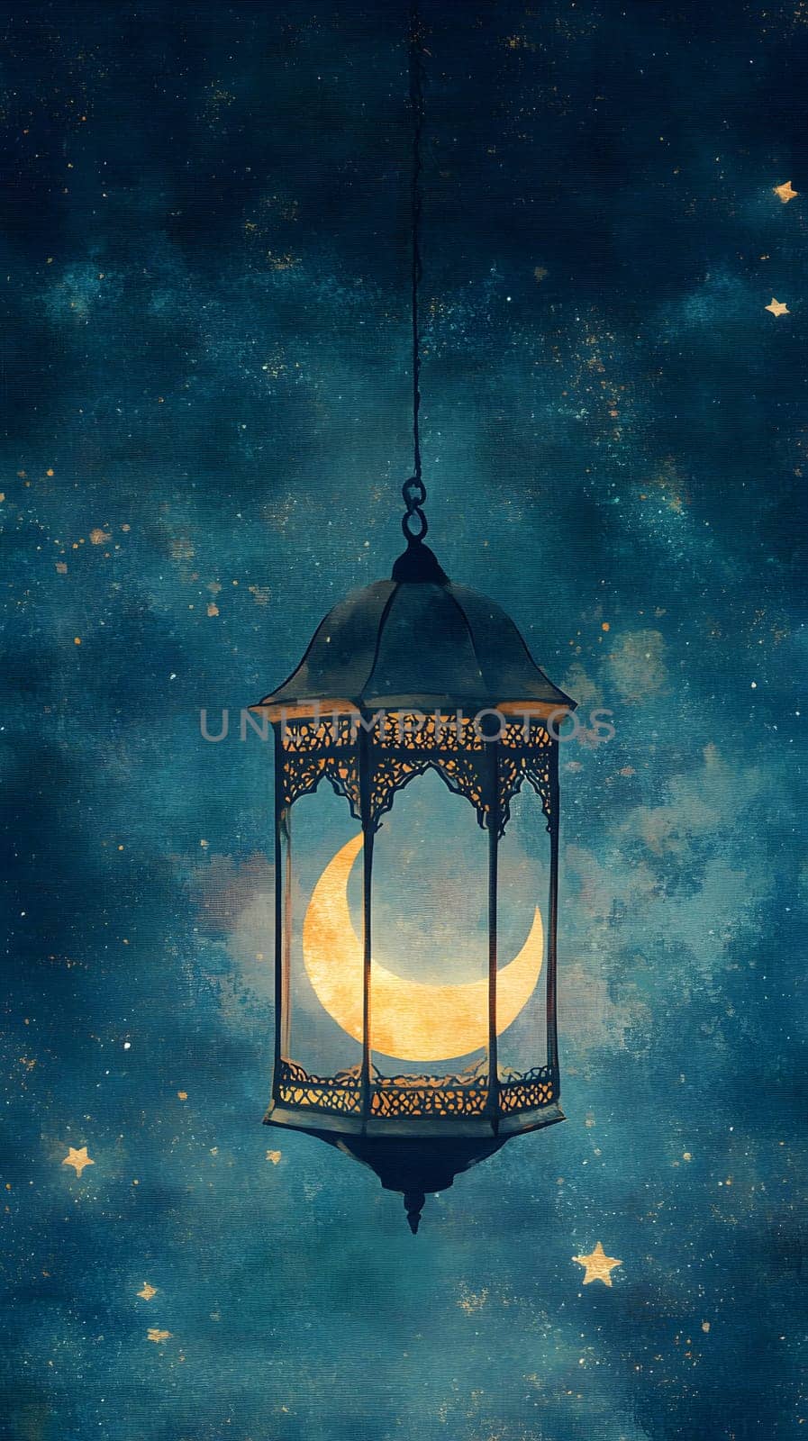 A decorative lantern with a crescent moon, set against a starry sky.