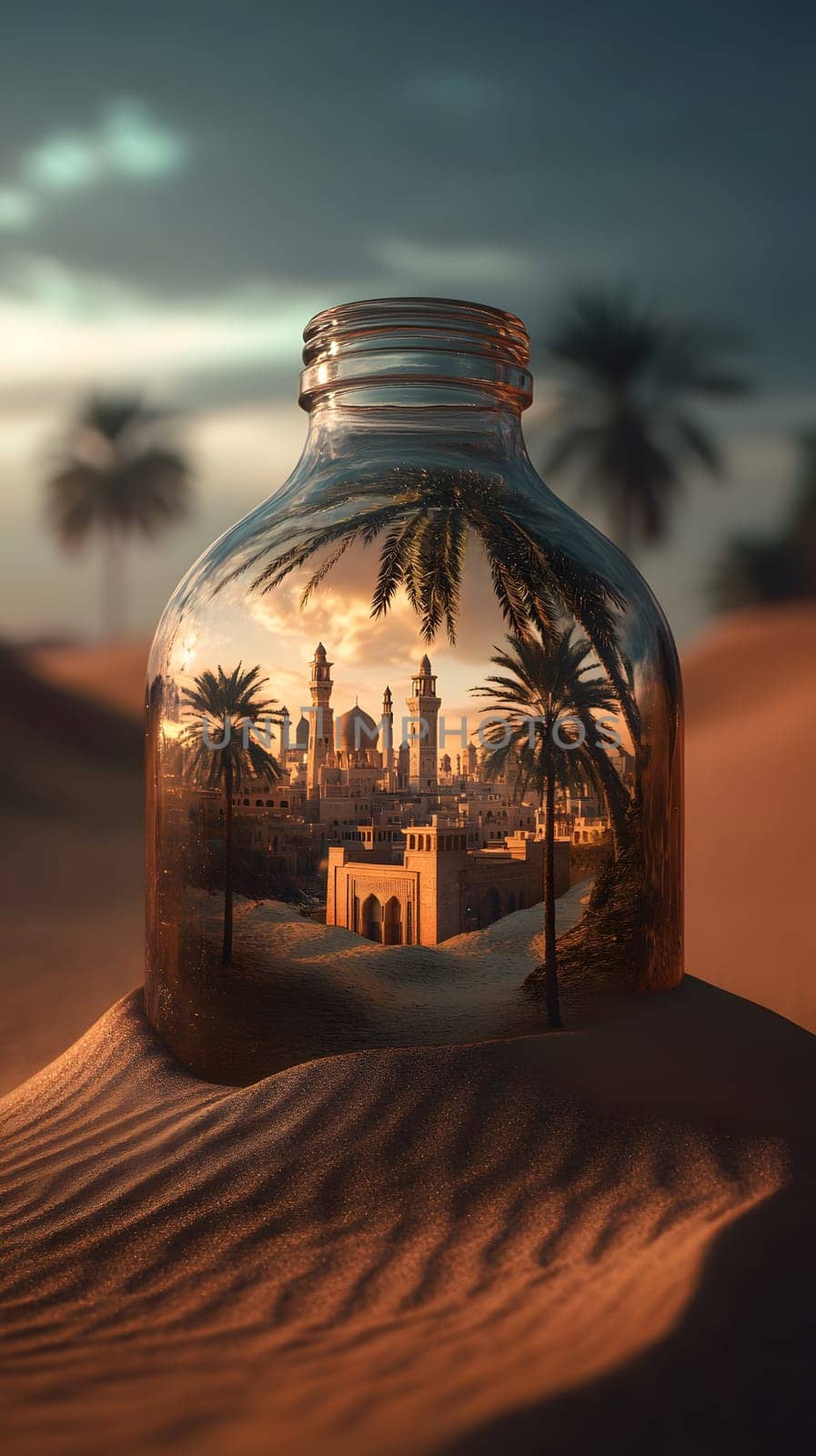 A desert scene captured inside a glass bottle, showcasing architecture.