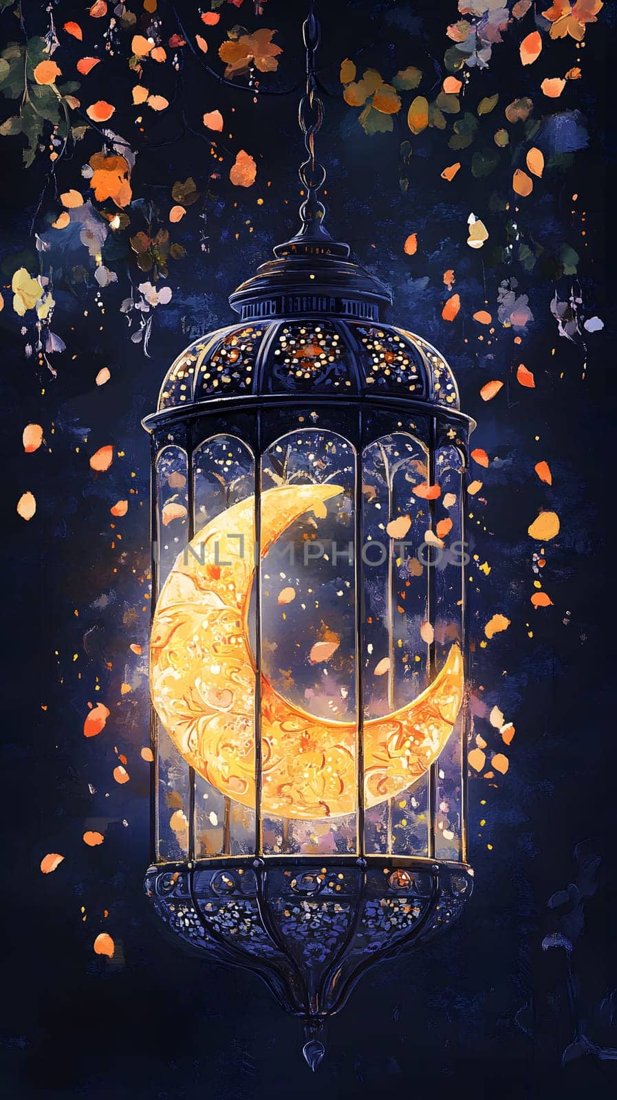 A glowing crescent moon inside a decorative cage surrounded by petals.