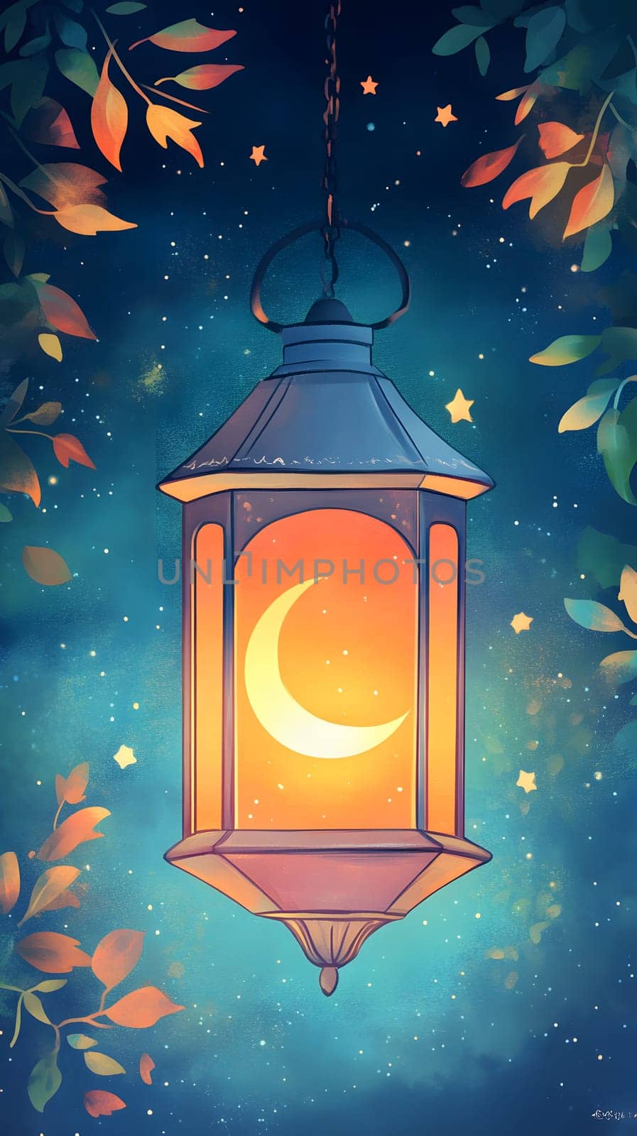 A glowing lantern with a crescent moon, surrounded by leaves.