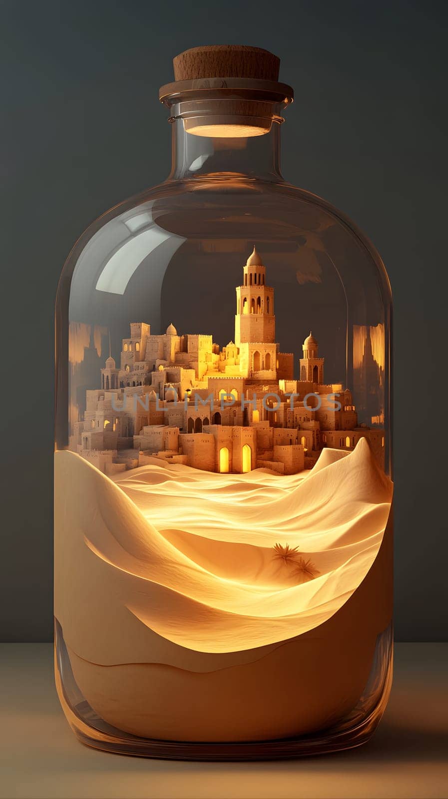 A glowing miniature city inside a glass bottle with sandy textures.