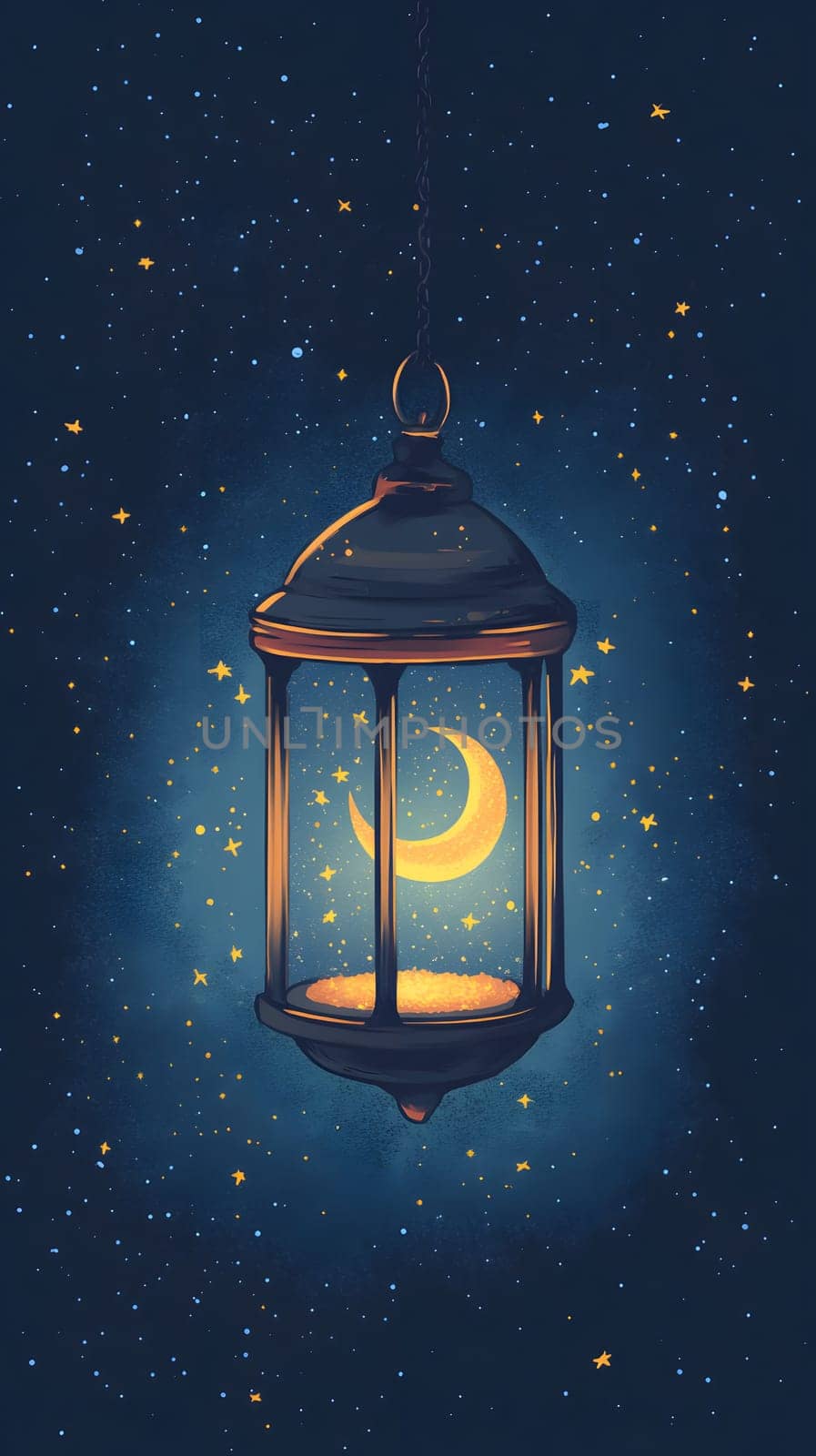 A lantern glowing with a crescent moon against a starry background.