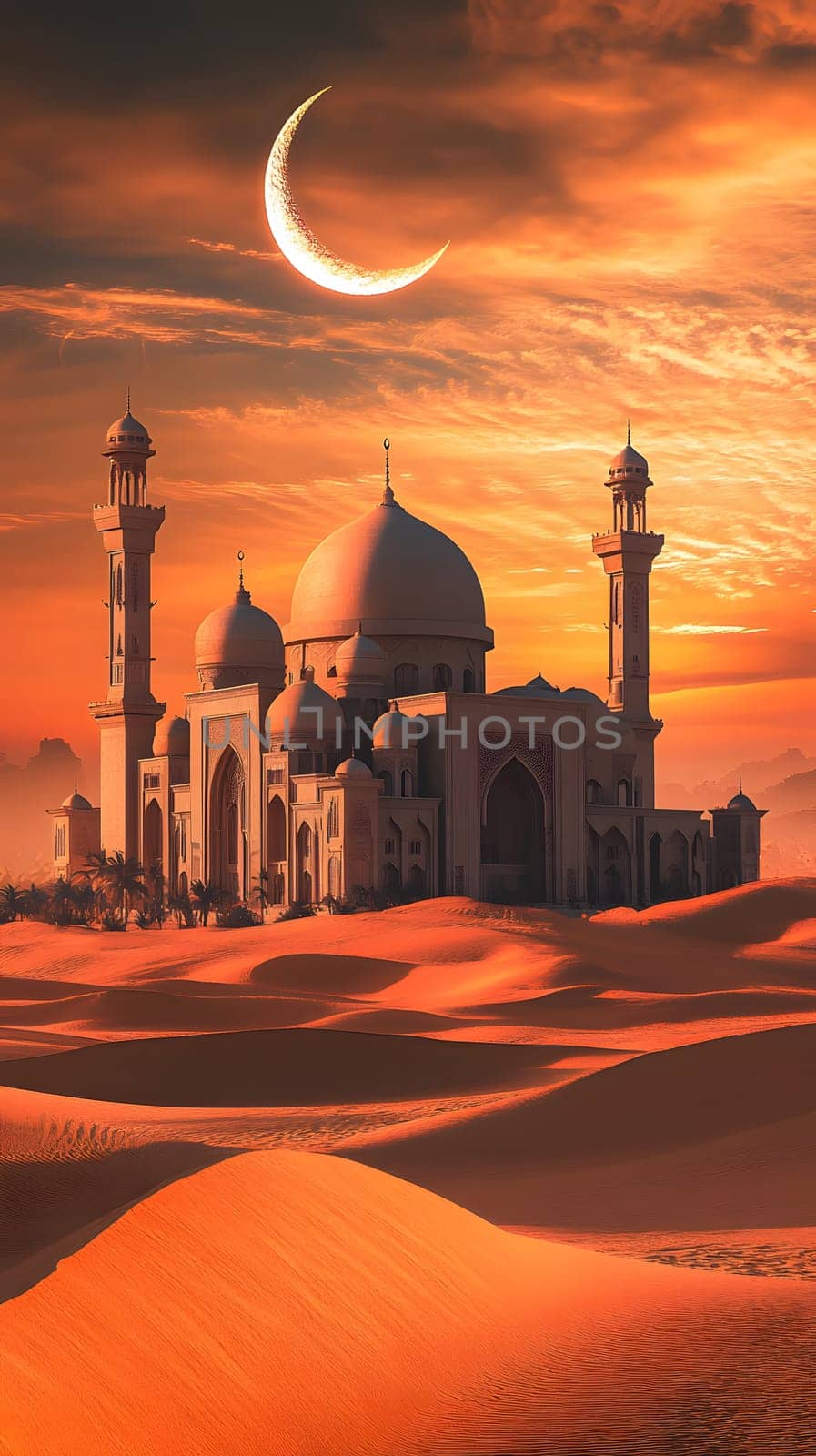 A majestic mosque at sunset in a desert landscape with a crescent moon.