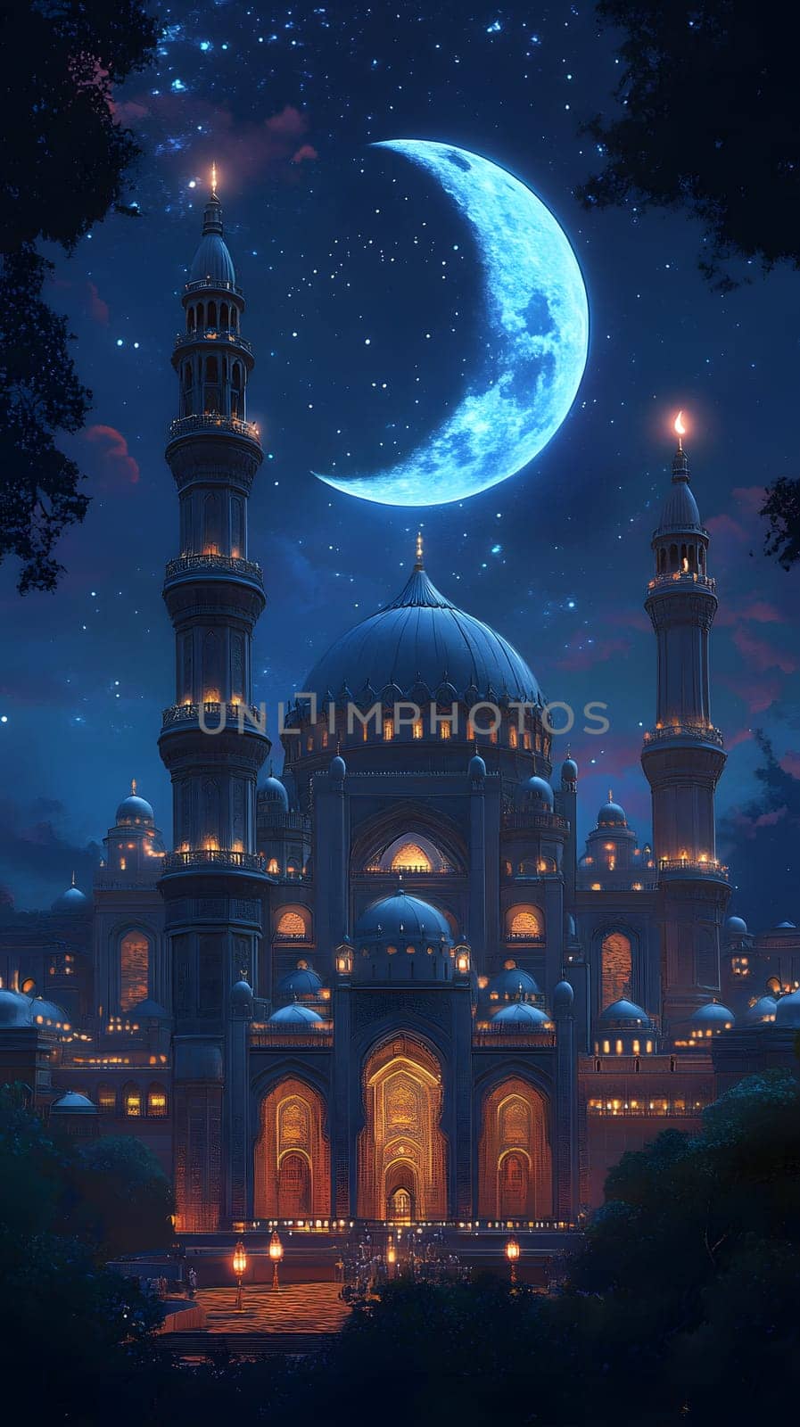 A majestic palace illuminated under a crescent moon at night.