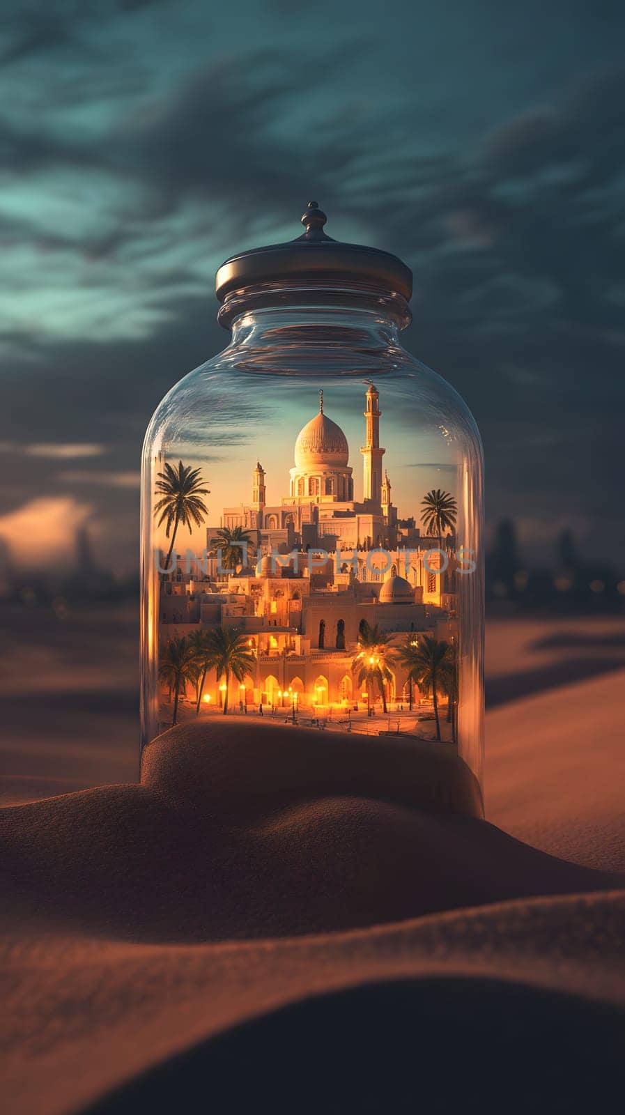 A miniature desert scene in a glass jar, featuring a majestic building.