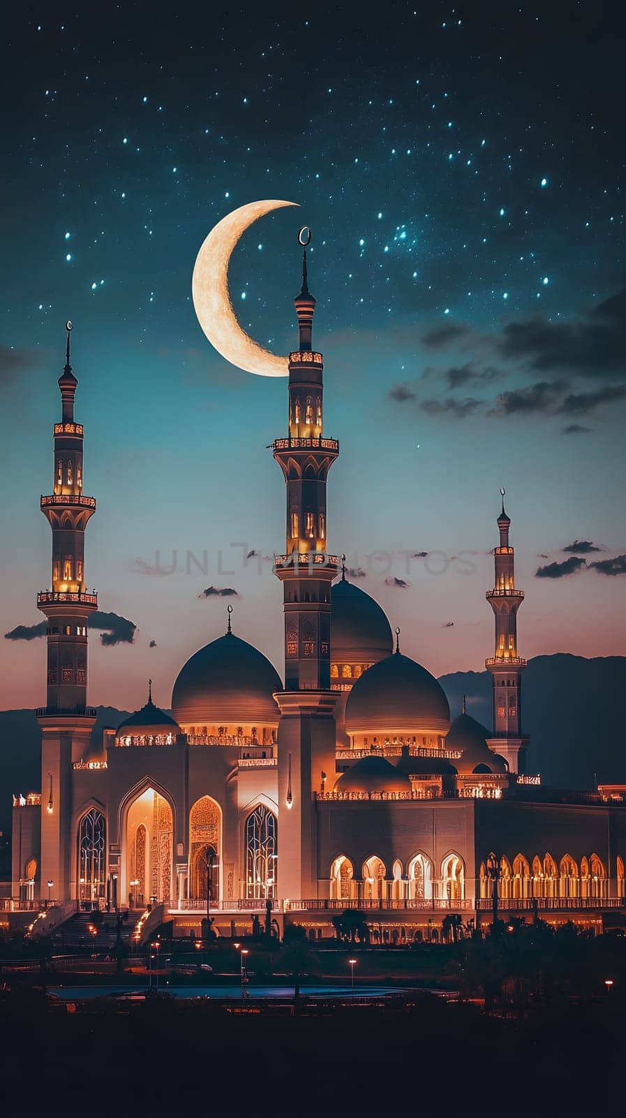 A mosque illuminated at night under a crescent moon and stars.