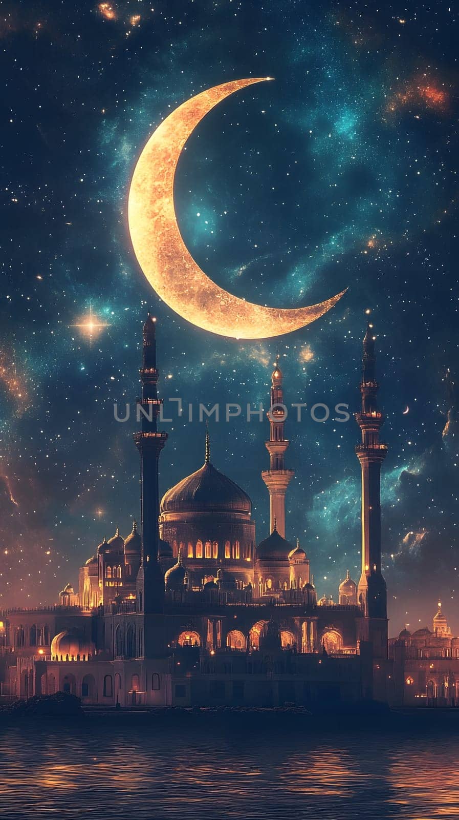 A mosque illuminated under a starry sky with a crescent moon.