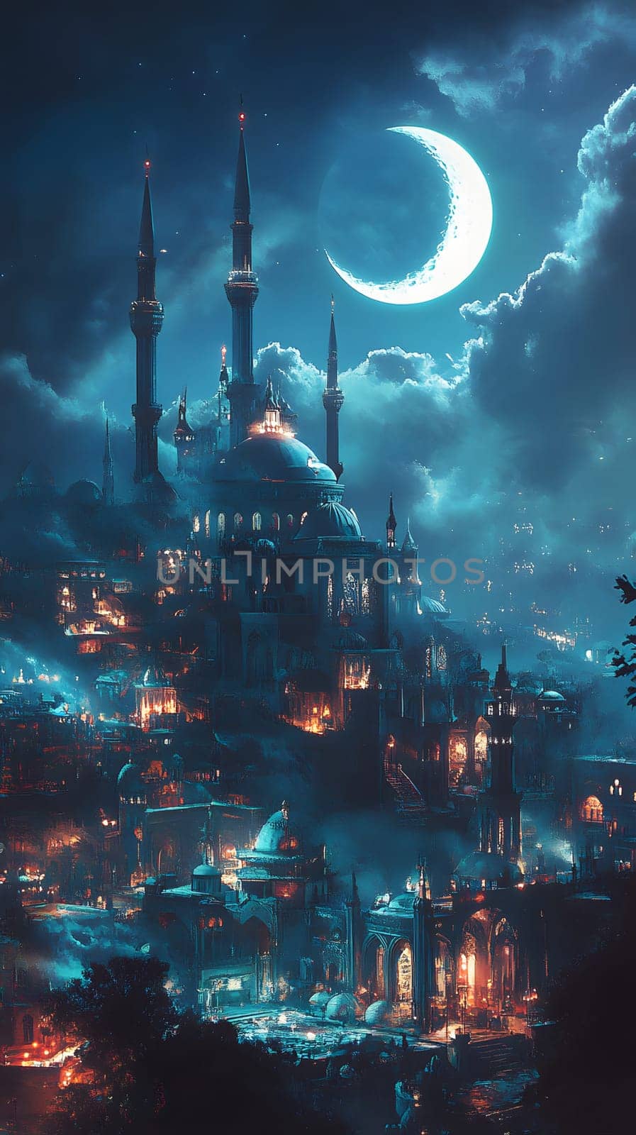 A mystical cityscape at night with a crescent moon and glowing lights.