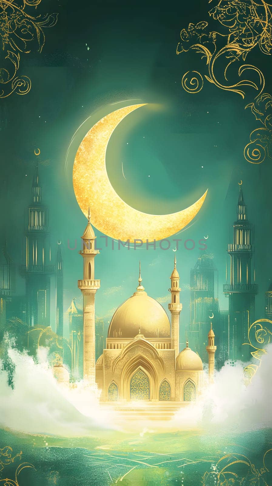 A mystical scene featuring a golden crescent moon above an ornate dome.