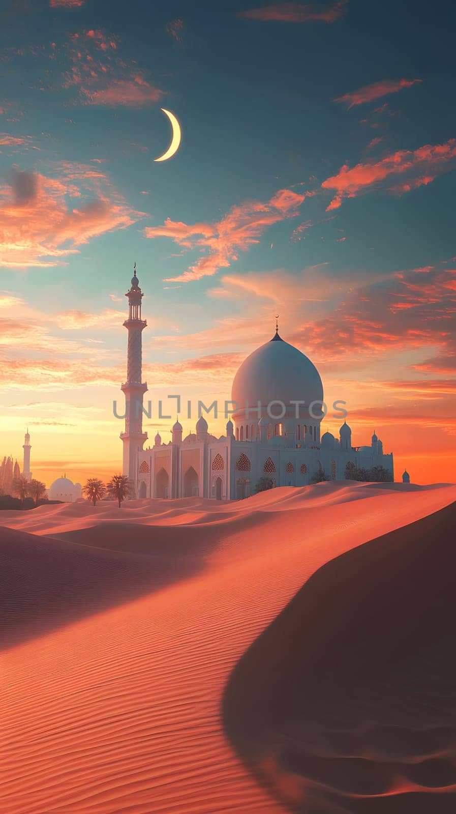 A serene desert landscape featuring a mosque at sunset with a crescent moon.