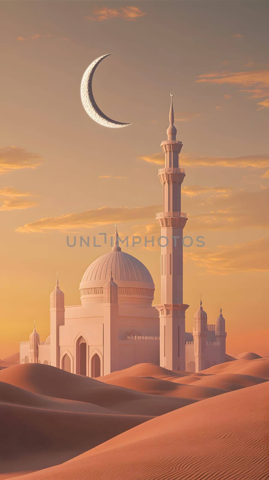 A serene desert scene featuring a mosque and crescent moon.