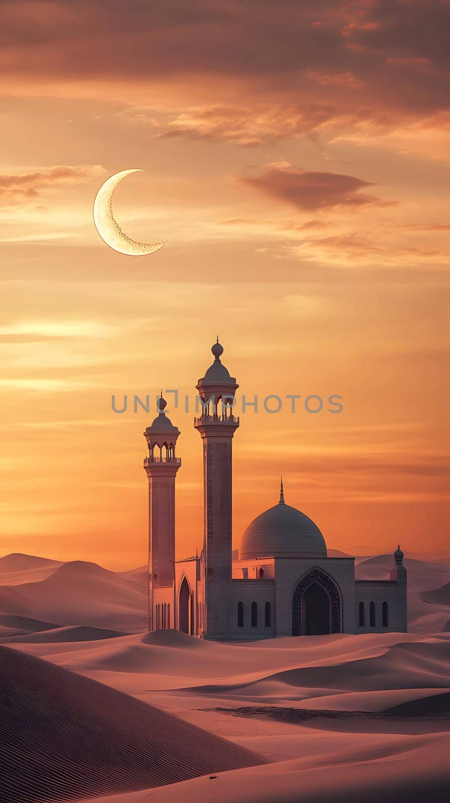 A serene desert scene featuring a mosque at sunset with a crescent moon.