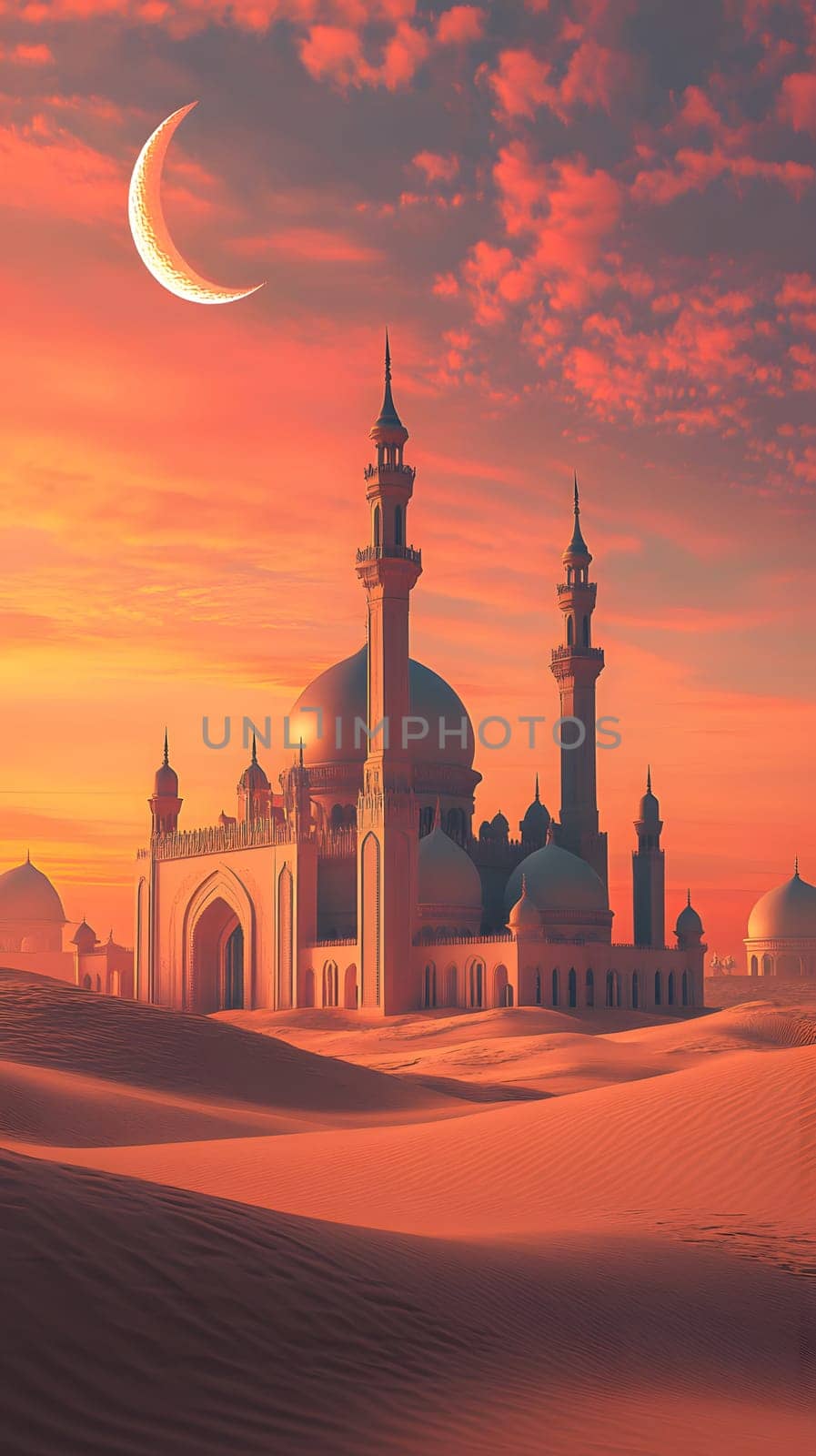 A serene desert scene with a mosque and crescent moon at sunset.
