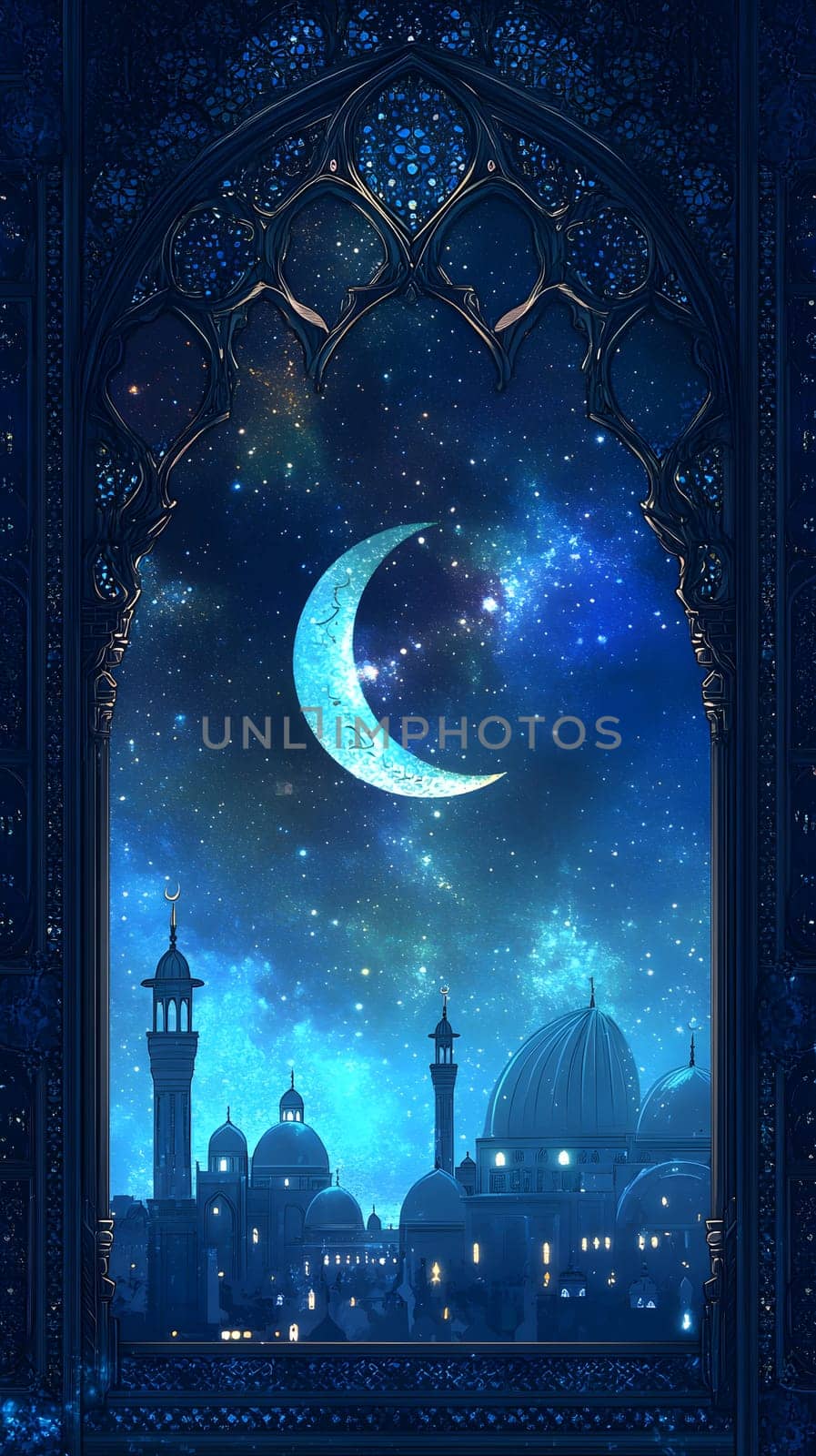 A serene night sky with a crescent moon over a cityscape.