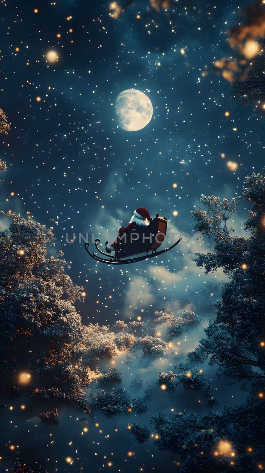 Santa flying in a sleigh under a starry night sky.