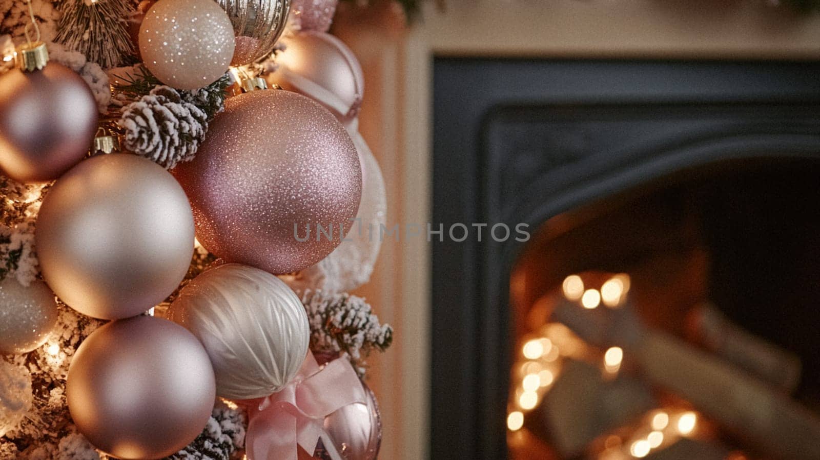 Christmas, holiday decor and country cottage style, cosy atmosphere, decorated Christmas tree in the English countryside house living room with fireplace, interior decoration idea
