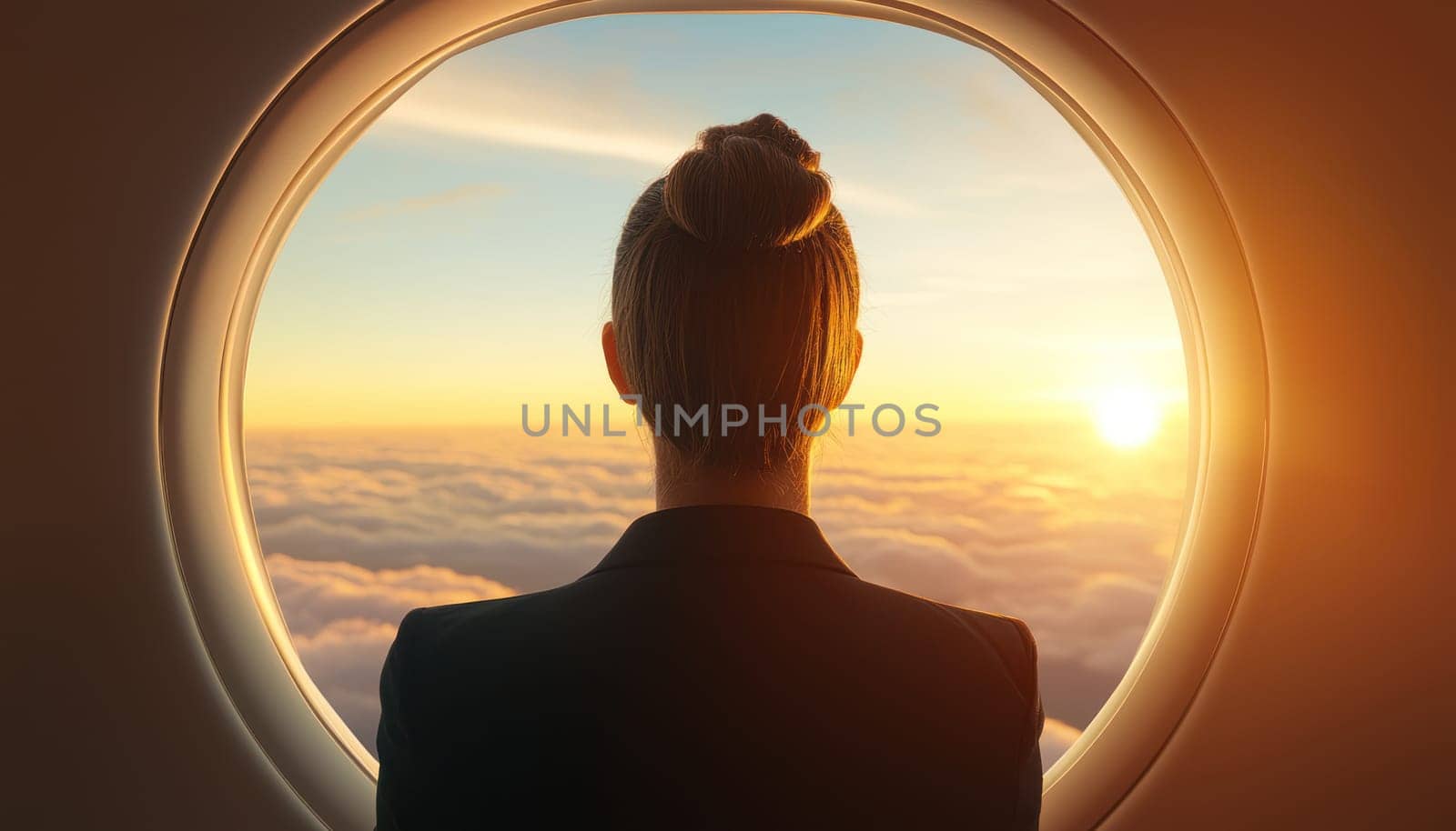 An Empowered businesswoman gazing out of private jet window at sunset, feeling inspired and reflective