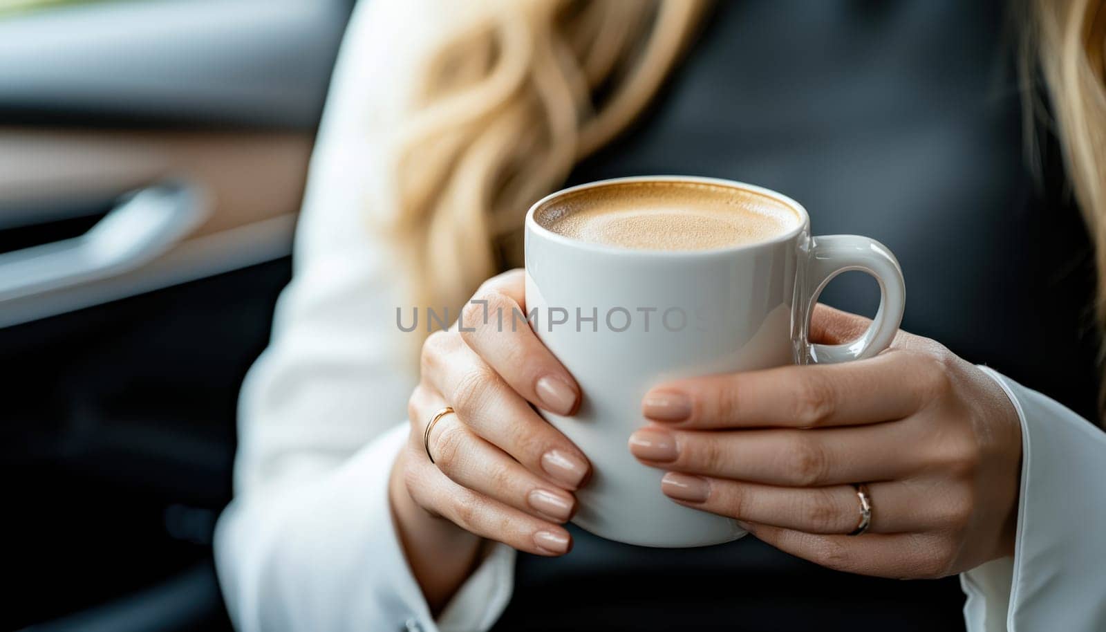 A Close up shot of businesswoman hands holding coffee cup in plush car interior, conveying sense of comfort and luxury