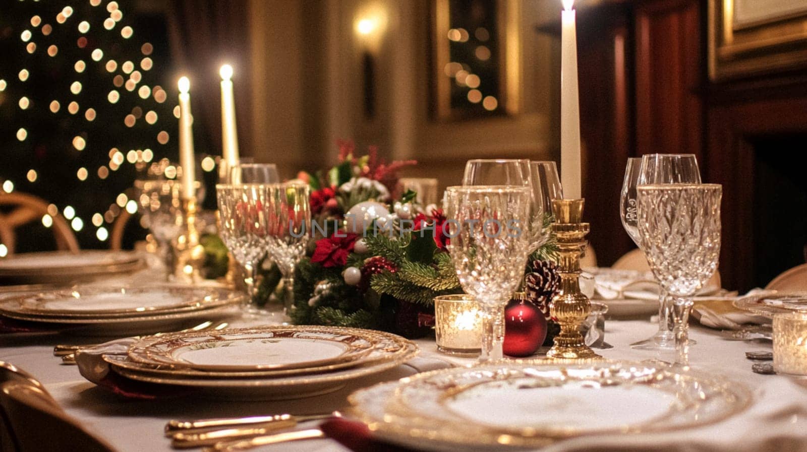 Christmas tablescape decoration, formal family dinner holiday celebration, luxury table setting decor, English country and home style idea