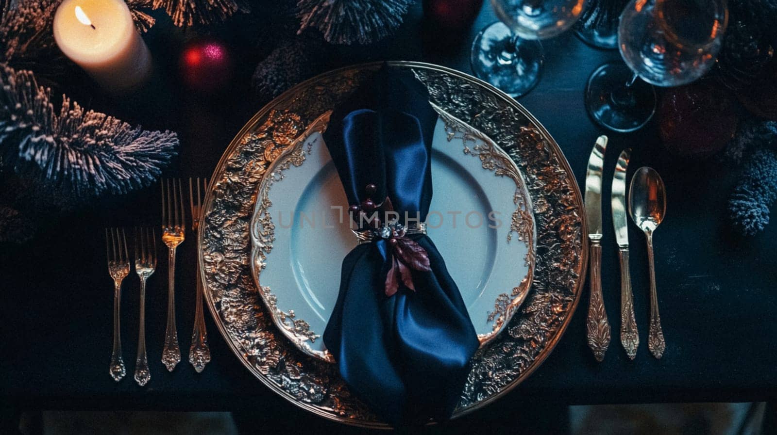 Christmas tablescape decoration, formal family dinner holiday celebration, luxury table setting decor, English country and home style idea