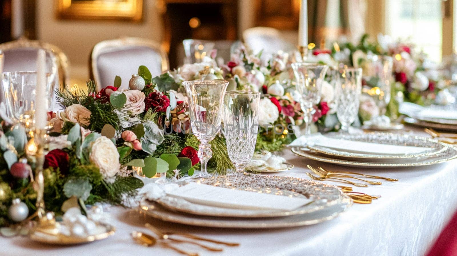 Christmas tablescape decoration, formal family dinner holiday celebration, luxury table setting decor, English country and home style idea