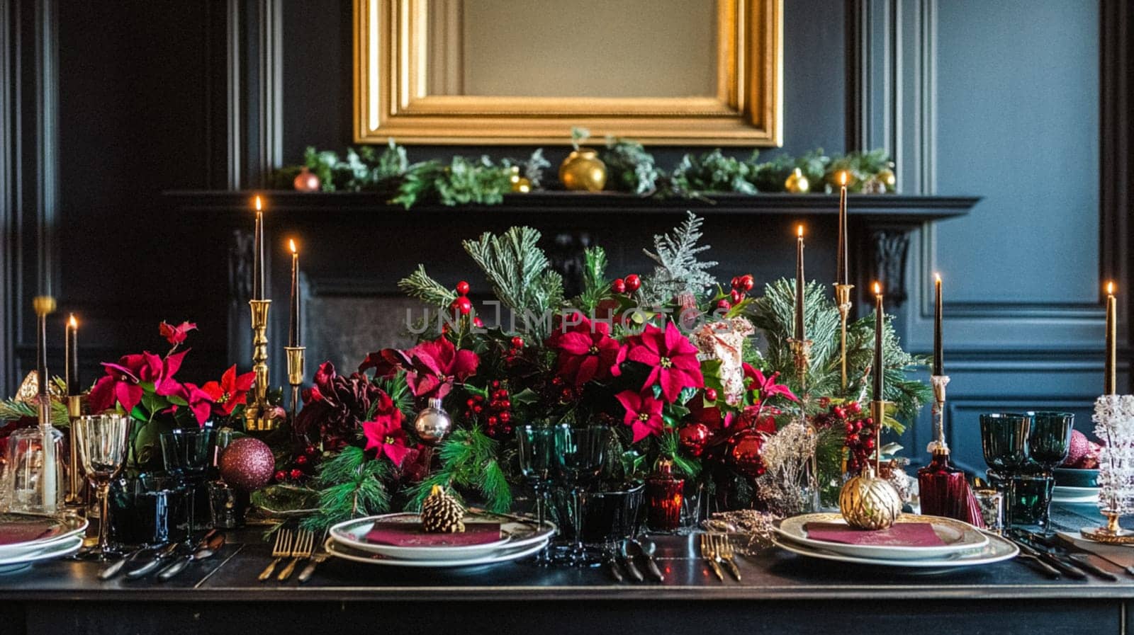 Christmas tablescape decoration, formal family dinner holiday celebration, luxury table setting decor, English country and home style idea