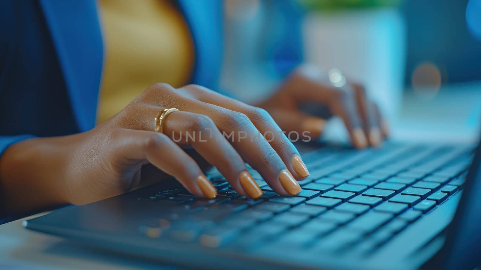 A Close up shot of businesswoman hands typing on keyboard, showcasing focus and professionalism in modern workspace