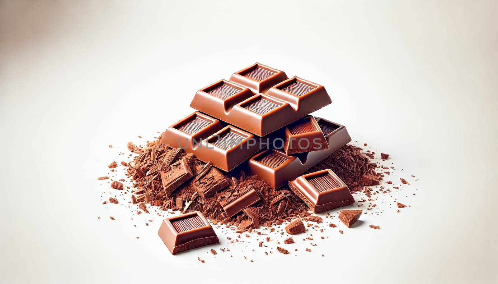 A small pile of crushed plain chocolate bars on a plain white background, with a few chocolate fragments scattered around. The realistic and highly detailed image highlights the texture and appeal of the chocolate pieces.