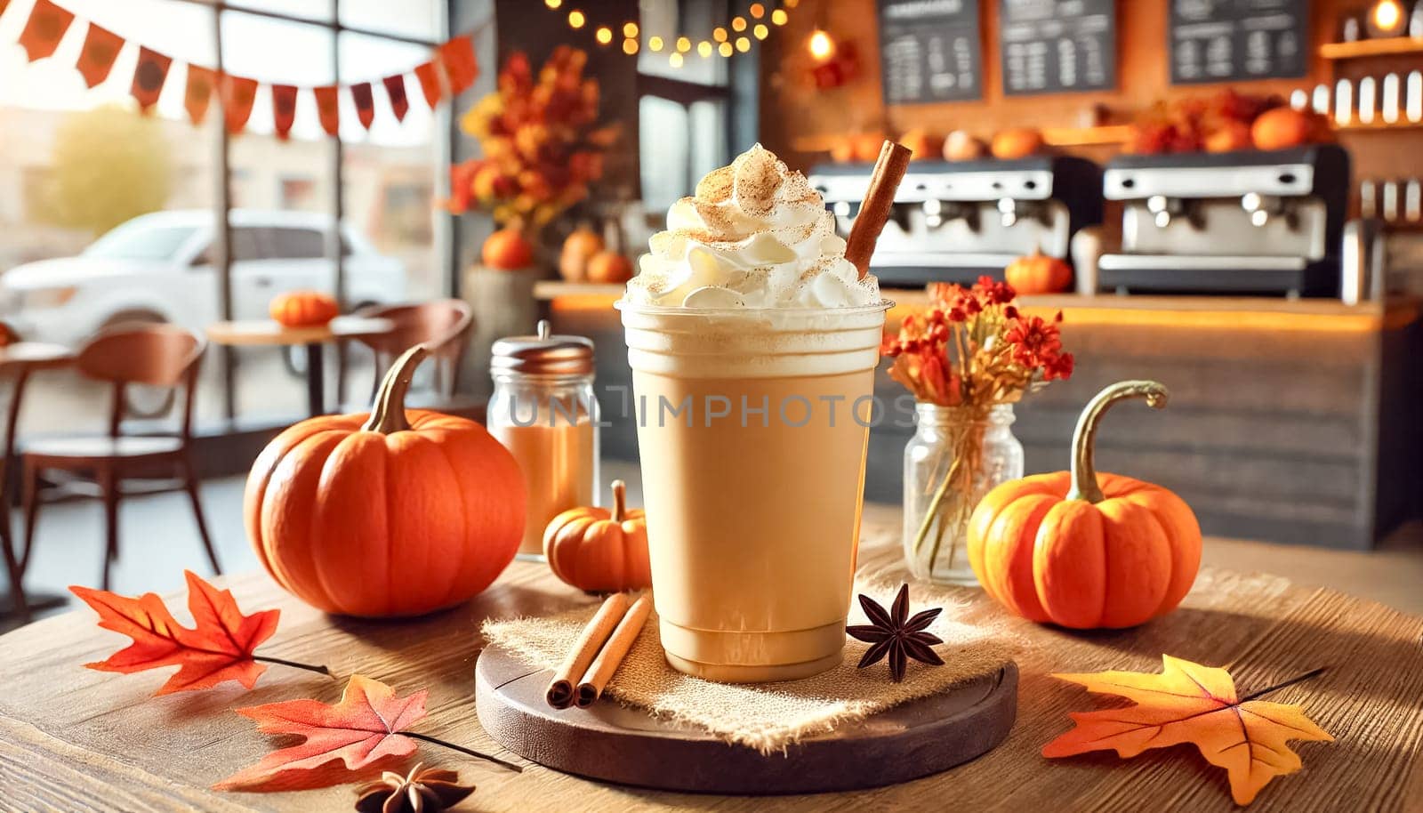 A pumpkin spice latte topped with whipped cream sits on a table in a busy coffee shop. Vibrant autumn leaves and pumpkins add to the lively seasonal decor.