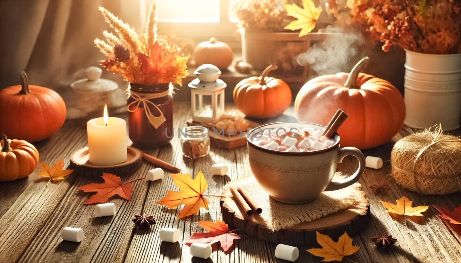 Warm cup of hot chocolate with marshmallows on a rustic wooden table, captured from various angles. Surrounded by autumn leaves, pumpkins, and cozy decorations, the scene is set in a bright and airy environment.