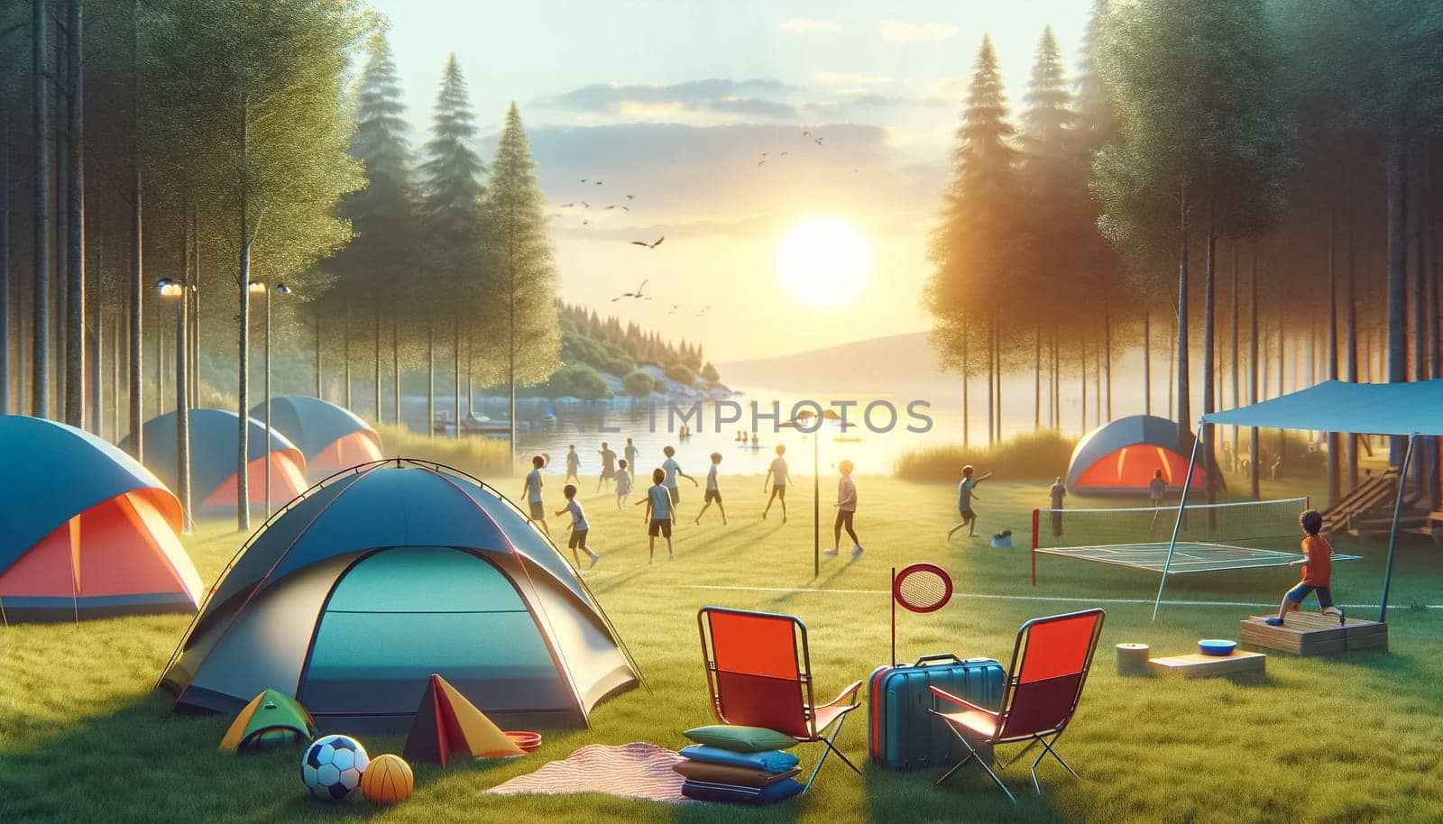 As daylight fades, warm lantern light bathes a serene campsite with cozy tents amidst a towering forest, creating an enchanting twilight retreat.