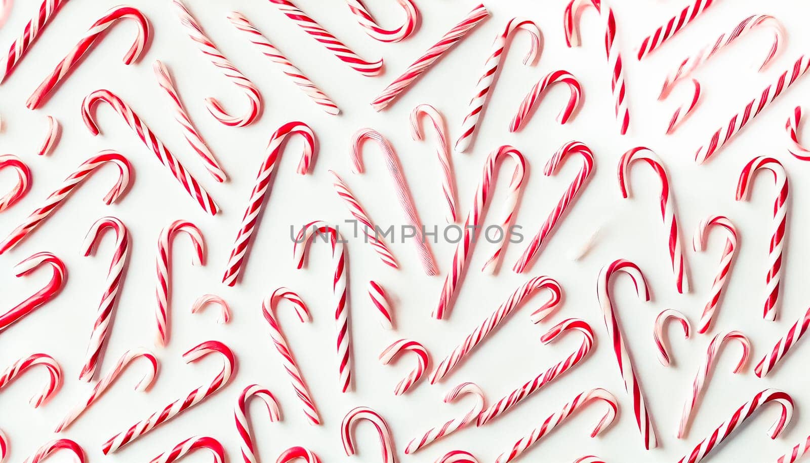 Two images of thin red and white striped candy canes randomly scattered on a flat white background. The flat lay arrangement creates a playful and casual pattern, with ample negative space around the candy canes.