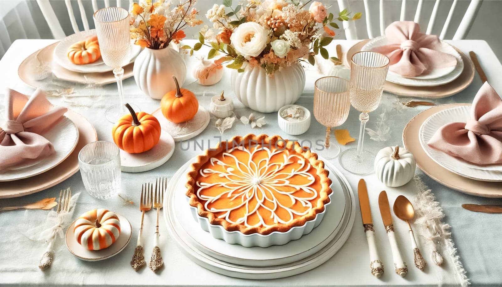 A bright and stylish Thanksgiving table featuring a beautifully crafted pumpkin pie as the centerpiece. The table has airy design elements like white and pastel-colored tableware, delicate autumn decorations, and elegant glassware. Fresh and sophisticated, this setting is perfect for a festive holiday meal with family and friends.