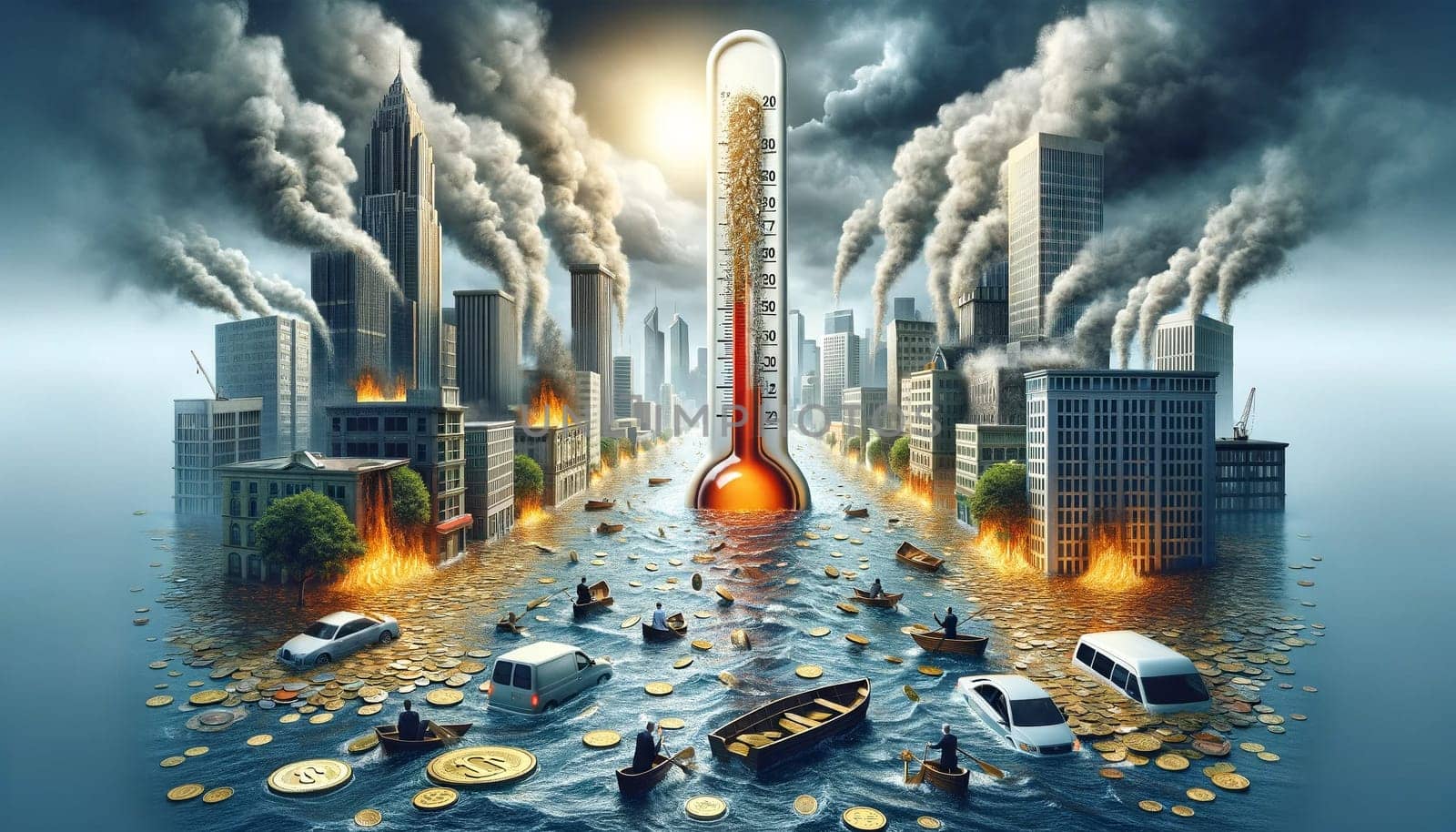In a dramatic city scene, boats replace cars amidst rising waters under a brooding sky, as fires and coins dot the panorama, anchored by an oversized thermometer.