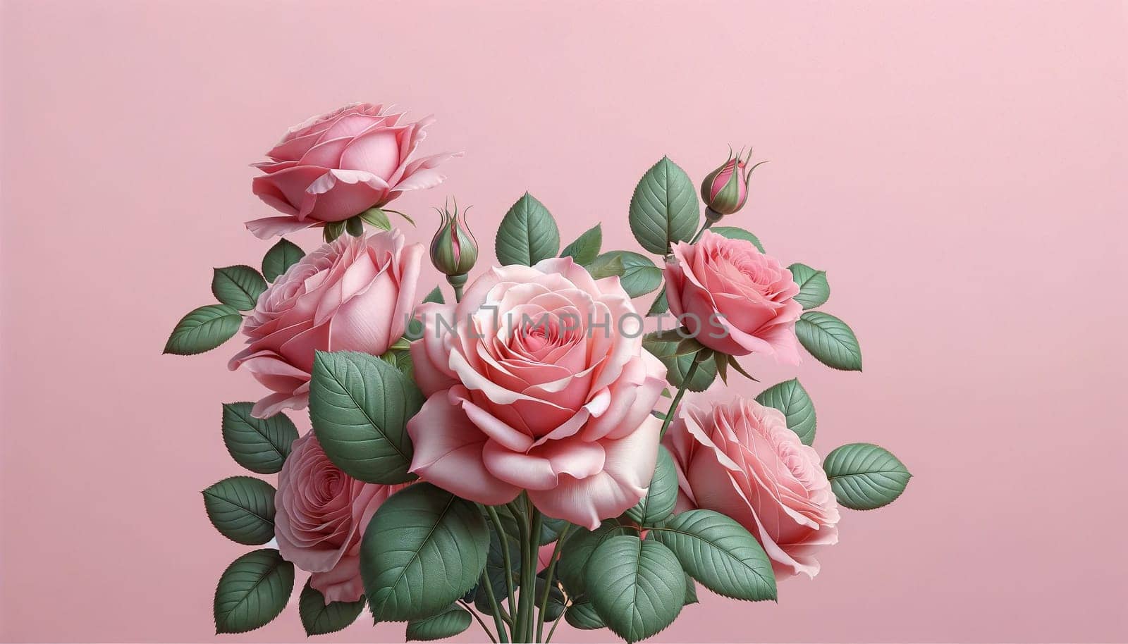 With varying shades of pink and full blossoms, this elegant cluster of roses against a blush background embodies timeless beauty and sophistication in nature's design.