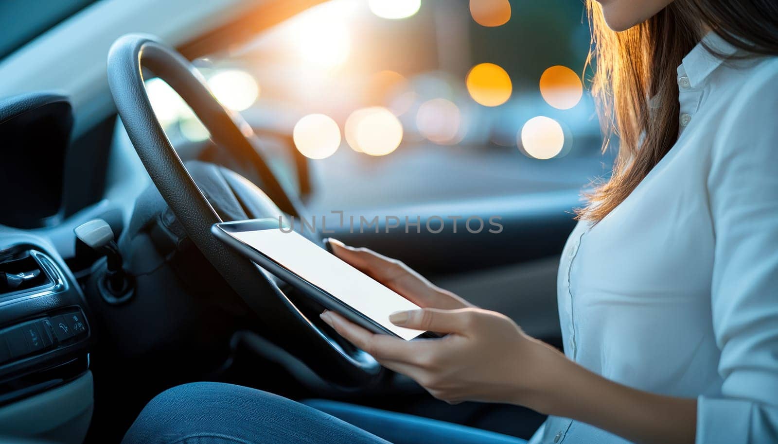 A Businesswoman using tablet in car, focused on work while driving. evening light creates warm atmosphere