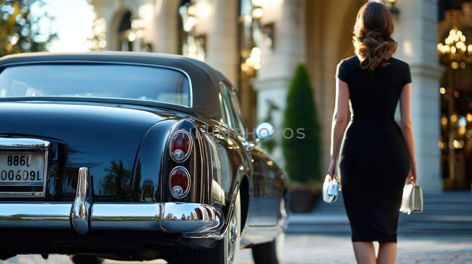 An Elegant woman in black dress walking towards classic car outside luxury venue