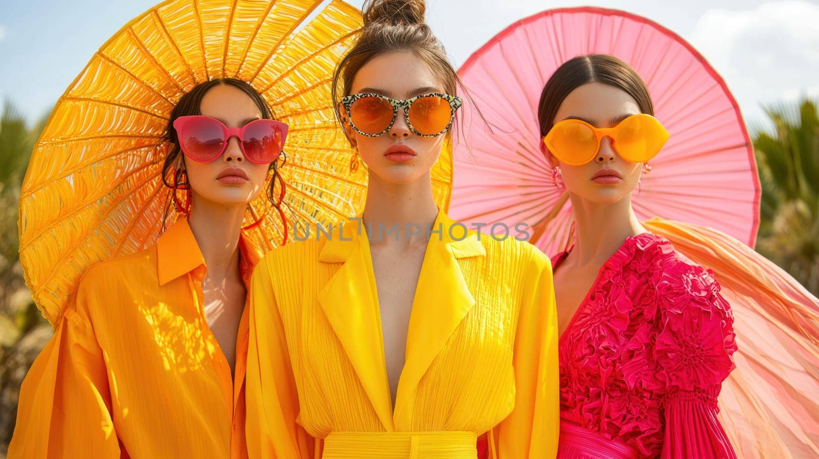 A Vibrant colors and flowing fabrics showcase models in stylish outfits under large sun umbrellas. scene captures sunny outdoor fashion moment