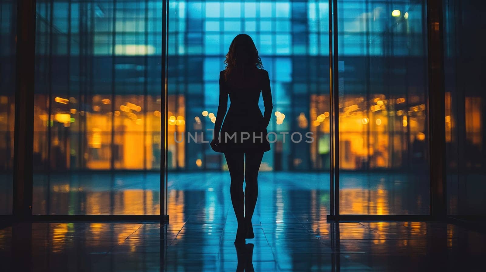 A Silhouette of person leaving office at night, feeling liberated and ready for new beginnings
