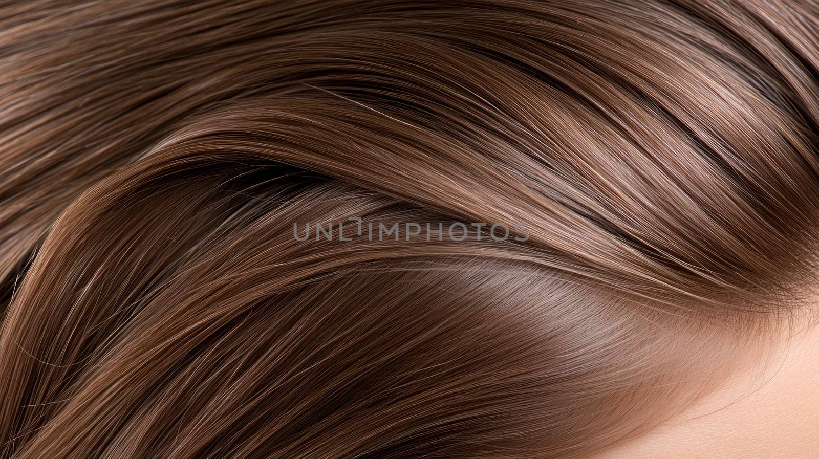 A Glossy and healthy hair showcasing smooth, shiny strands with rich brown color. Perfect for hair care and beauty themes